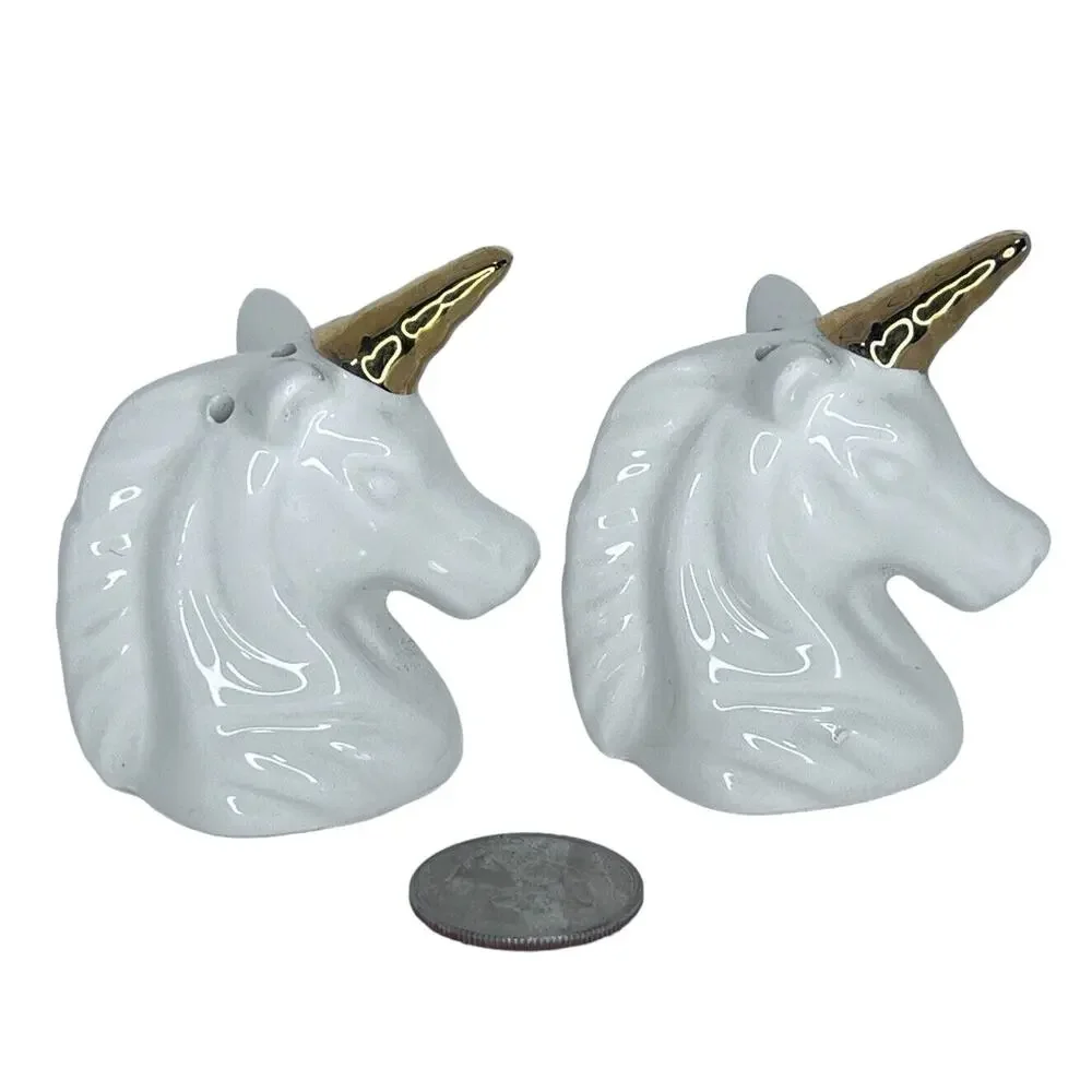 Porcelain Unicorn Salt & Pepper Shakers with Gold Horns, Whimsical Decor Vintage